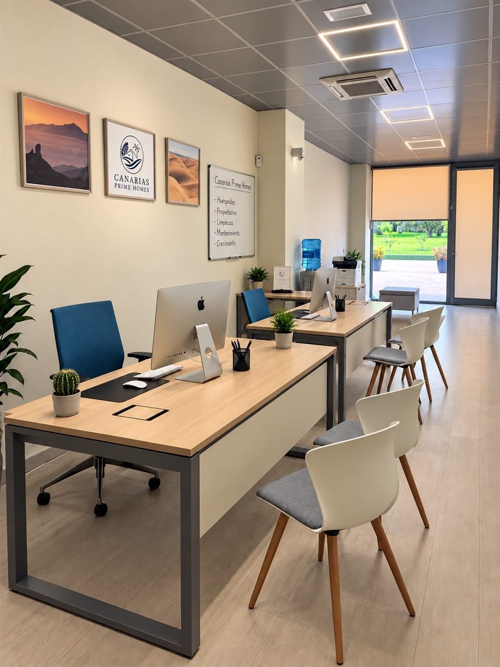Oficina de Canarias Prime Homes en Gran Canaria, con puestos de trabajo y zona de atención a propietarios